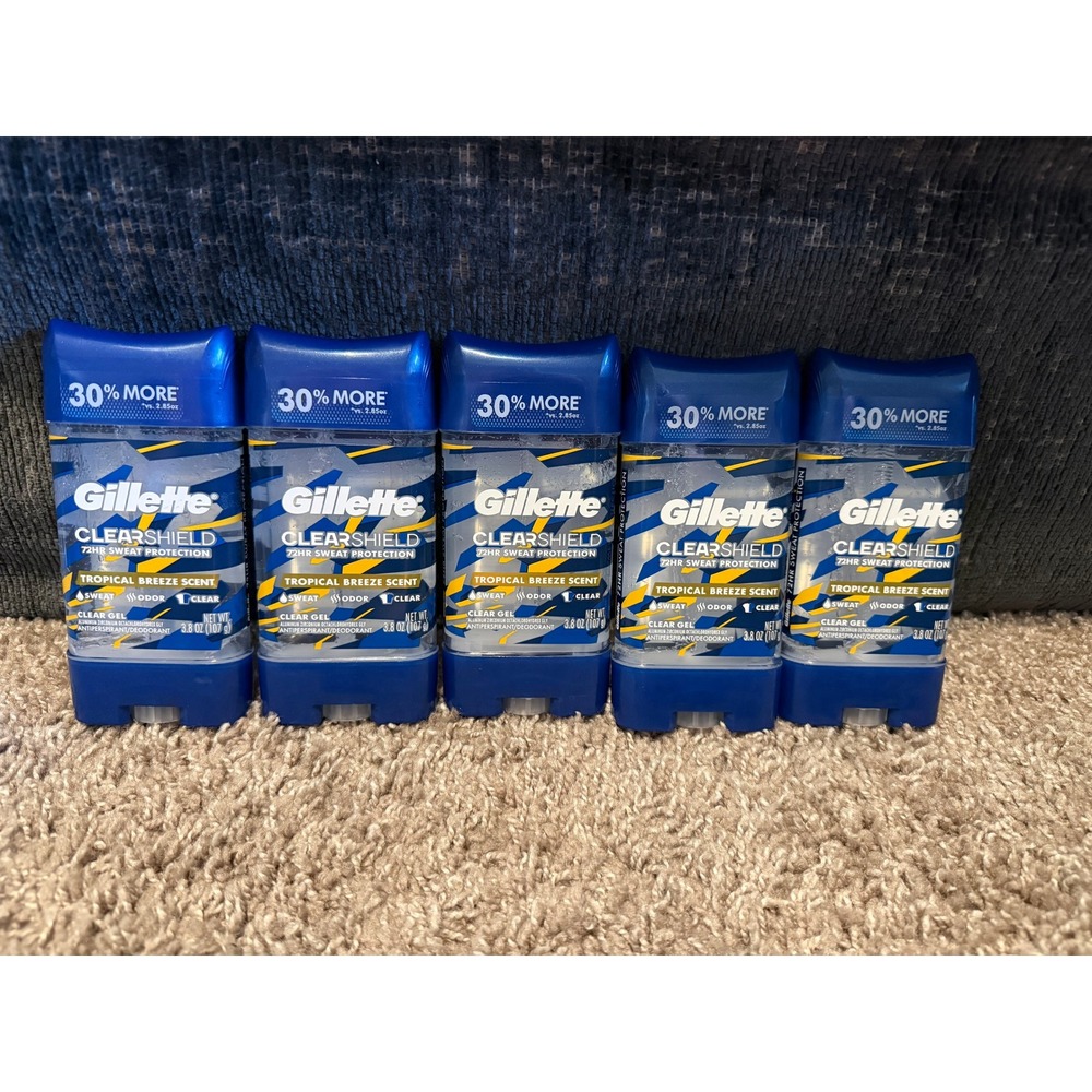 Gillette Clear Shield Deodorant Men 3.8oz Blue New 5 Pack Tropical Breeze Gel
